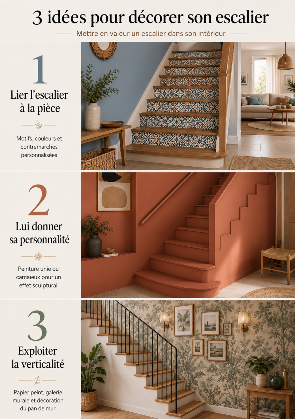 3 decorating ideas for transforming an interior staircase: paint, adhesive patterns, and wall wallpaper