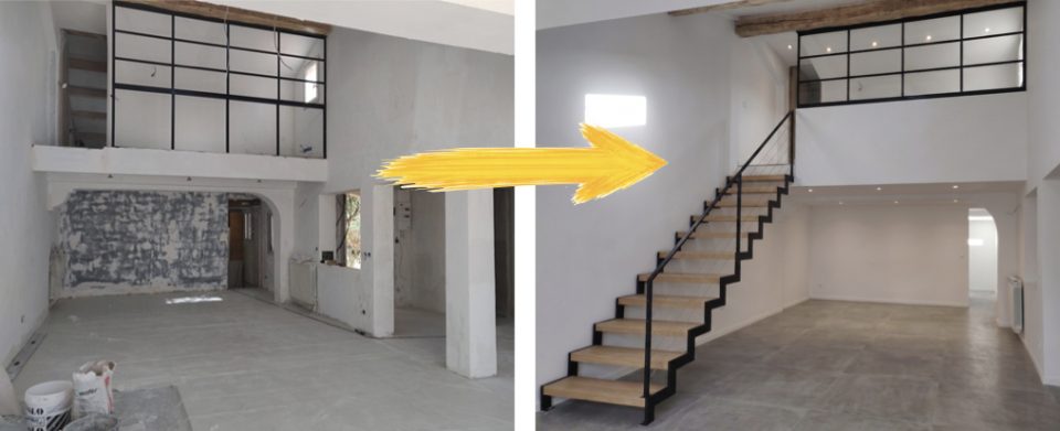 Custom lightweight metal staircase connecting two mezzanine levels: exposed structure with wood treads