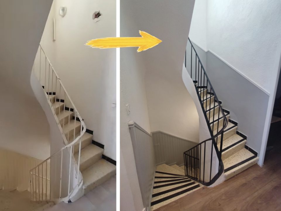 Existing staircase renovation: new railing, paint treatment, and resurfaced treads