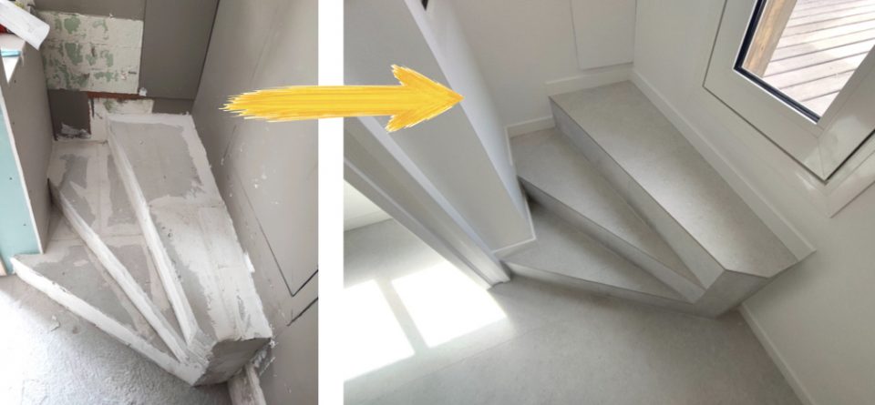 Masonry staircase structural rebuild: recreated treads with tile finish and overhanging nosing for durability