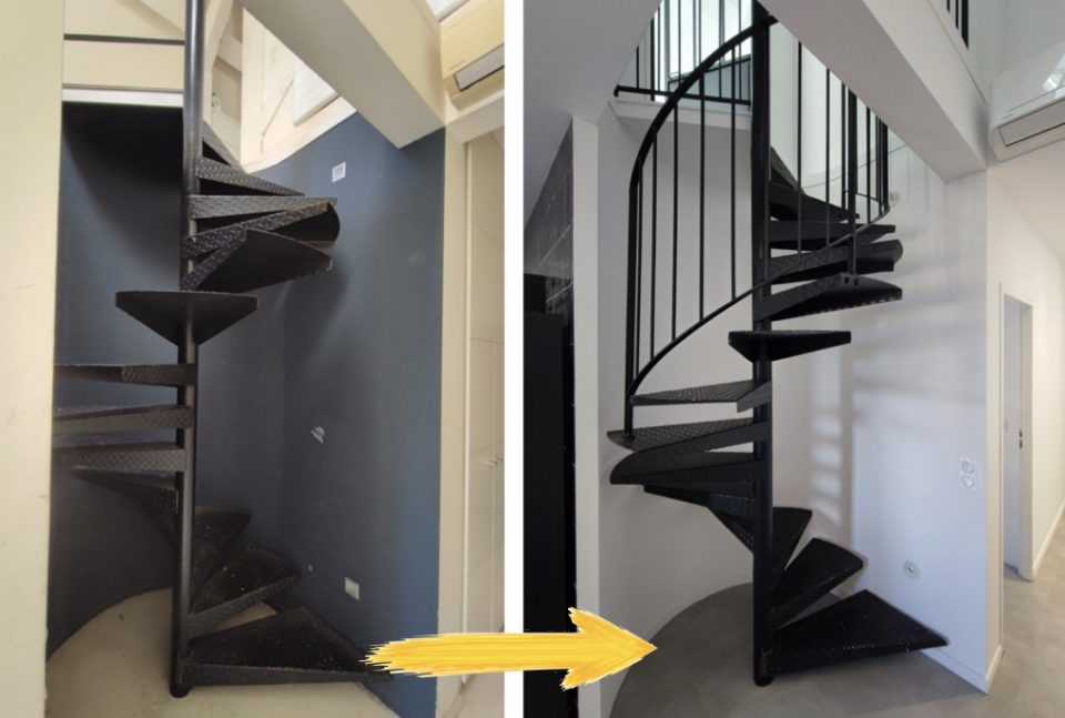 Restructuring the space around an existing staircase: partitions, railing, and wall volumes redesigned