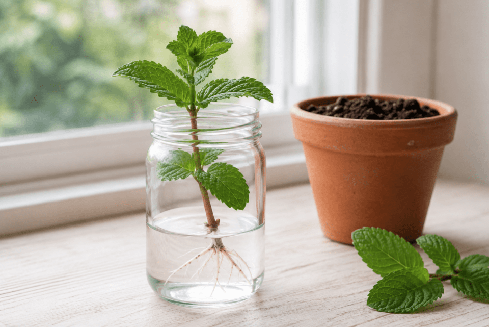 Bouture de menthe dans l'eau avec racines visibles