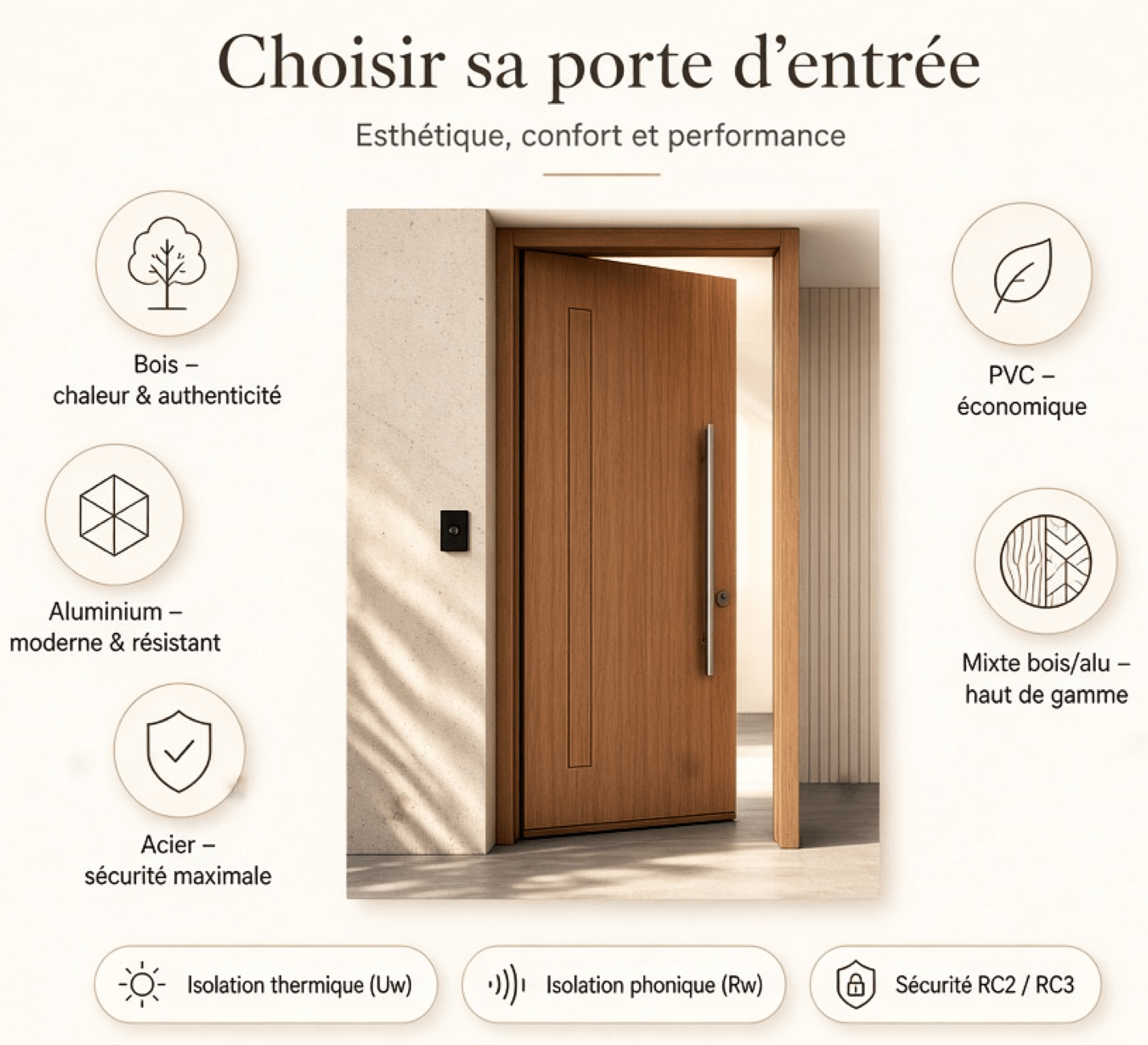 Comparatif pour choisir une porte d’entrée en bois, aluminium, acier, PVC ou mixte bois aluminium selon esthétique, isolation et sécurité