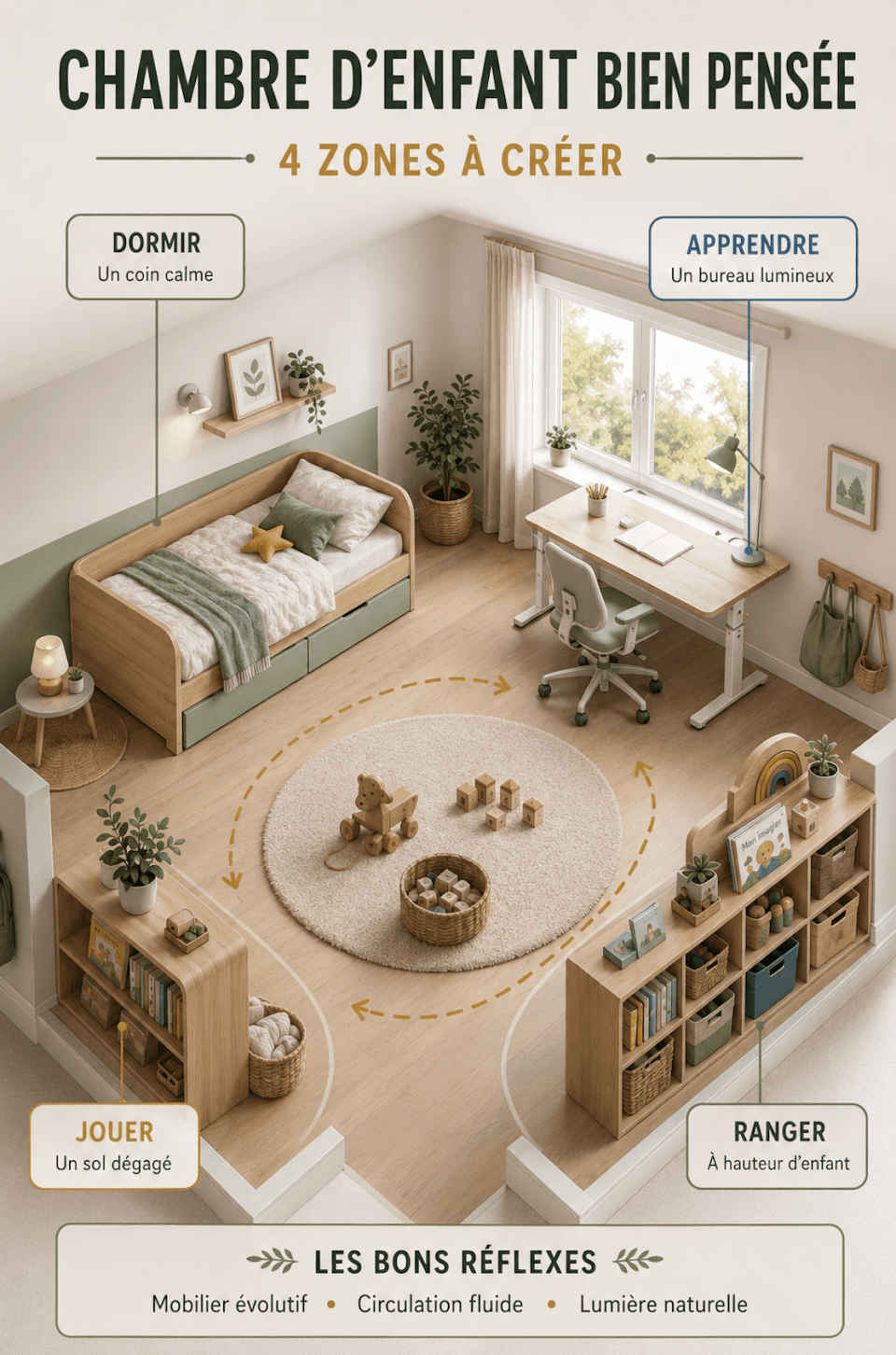 Schéma d'aménagement d'une chambre d'enfant fonctionnelle et évolutive en trois zones
