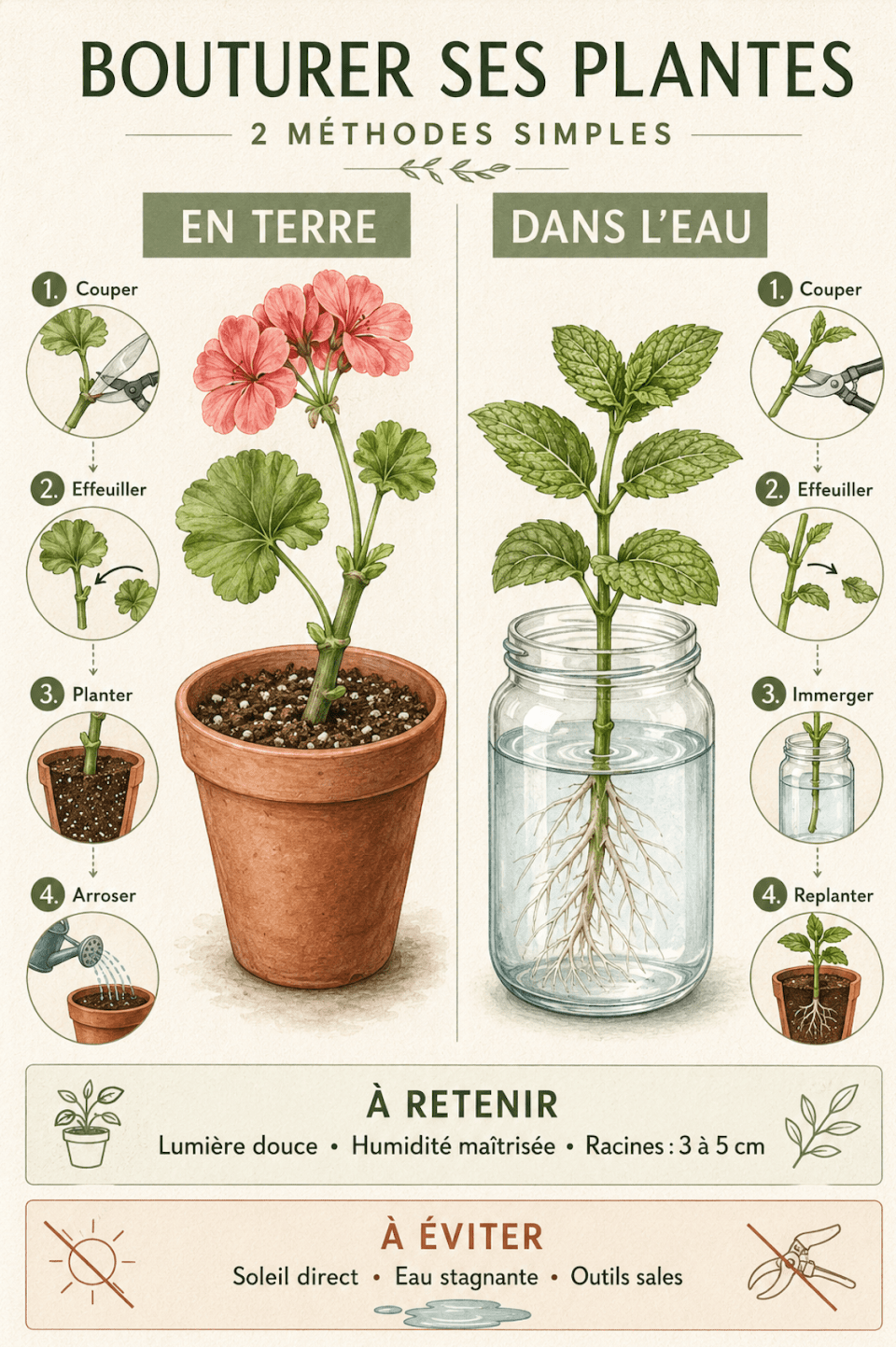 Méthodes de bouturage des plantes en terre et dans l'eau, étapes clés