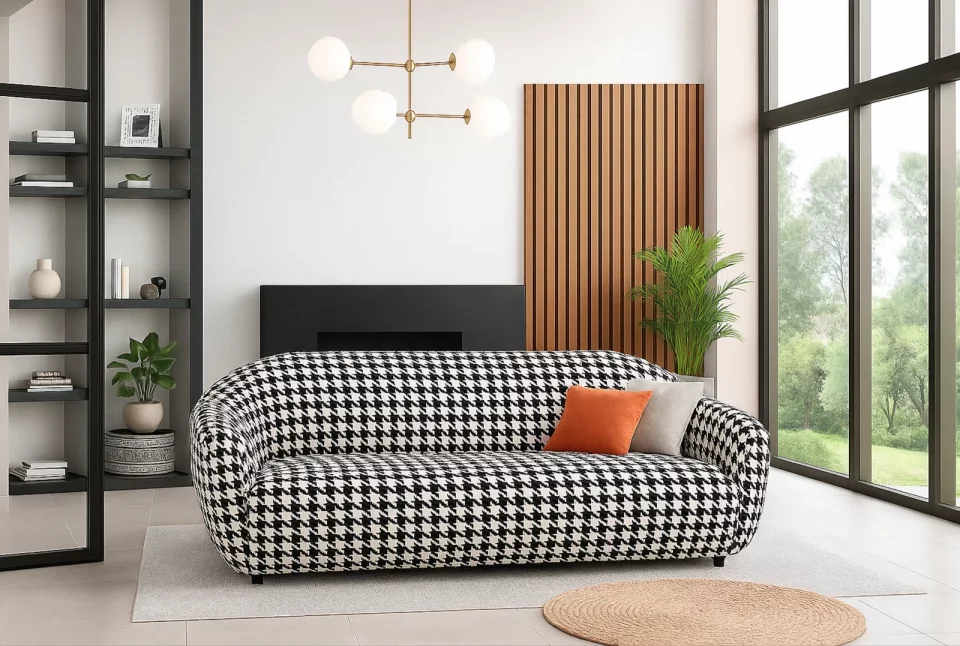 Canapé motif pied-de-poule dans un salon contemporain lumineux avec décoration intérieure moderne en noir et blanc