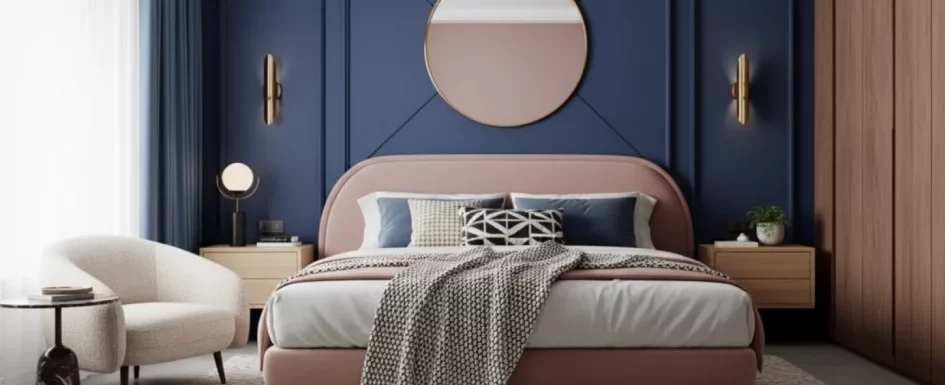 chambre principale bleu marine design mural tete de lit arrondie