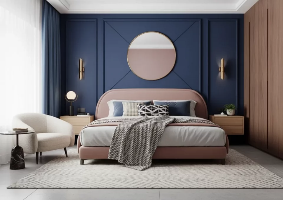Chambre principale bleu marine avec tête de lit arrondie et design mural élégant