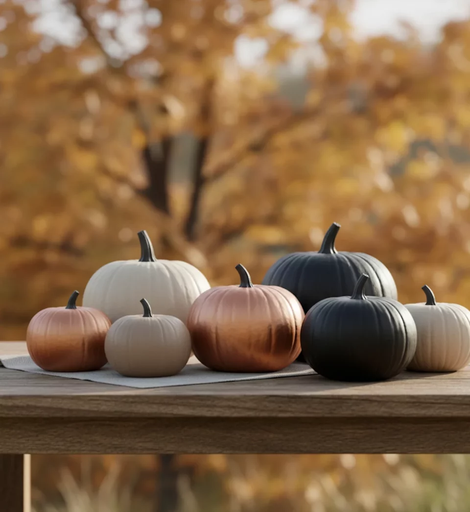 Citrouilles peintes modernes en noir cuivre et beige sur table extérieure