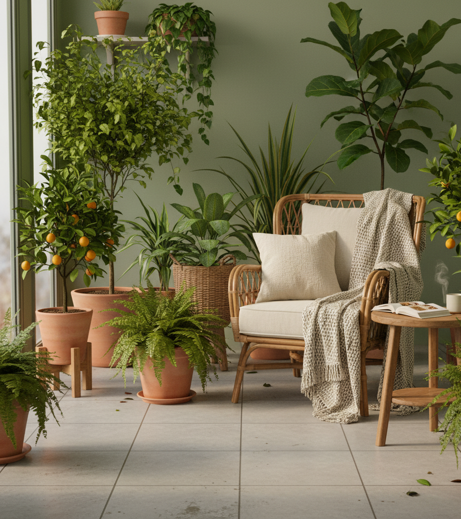 Coin lecture avec plantes et cache-pots terracotta, intérieur végétal chaleureux