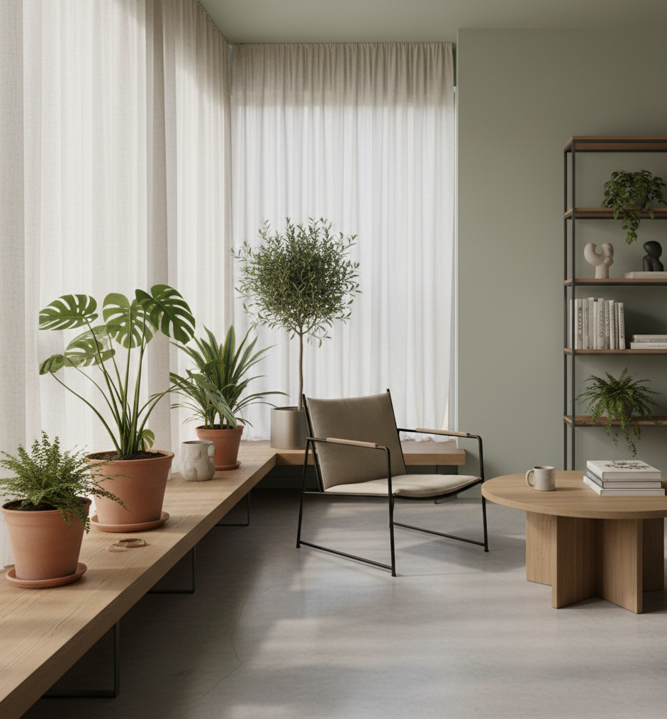 Espace vert contemporain avec plantes intérieur variées, décoration végétale salon moderne