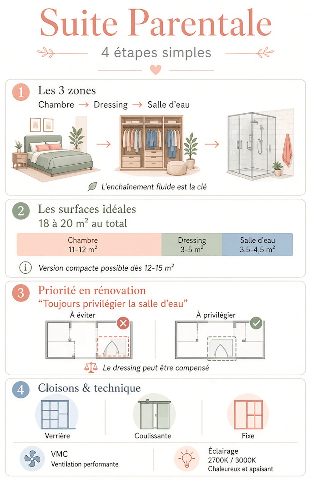 Guide d’aménagement d’une suite parentale : chambre, dressing, salle d’eau, surfaces recommandées et choix de cloisons