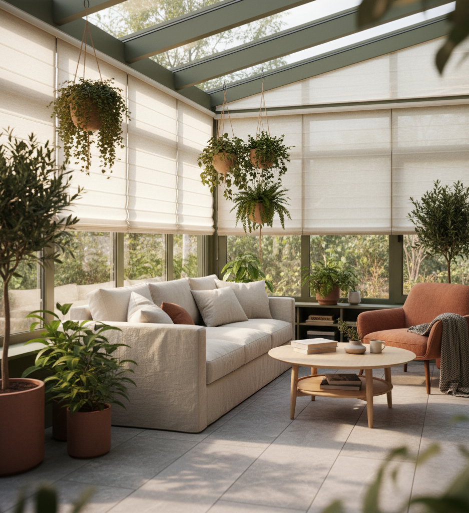 Jardin d'hiver lumineux avec canapé beige et plantes intérieur, espace végétal contemporain