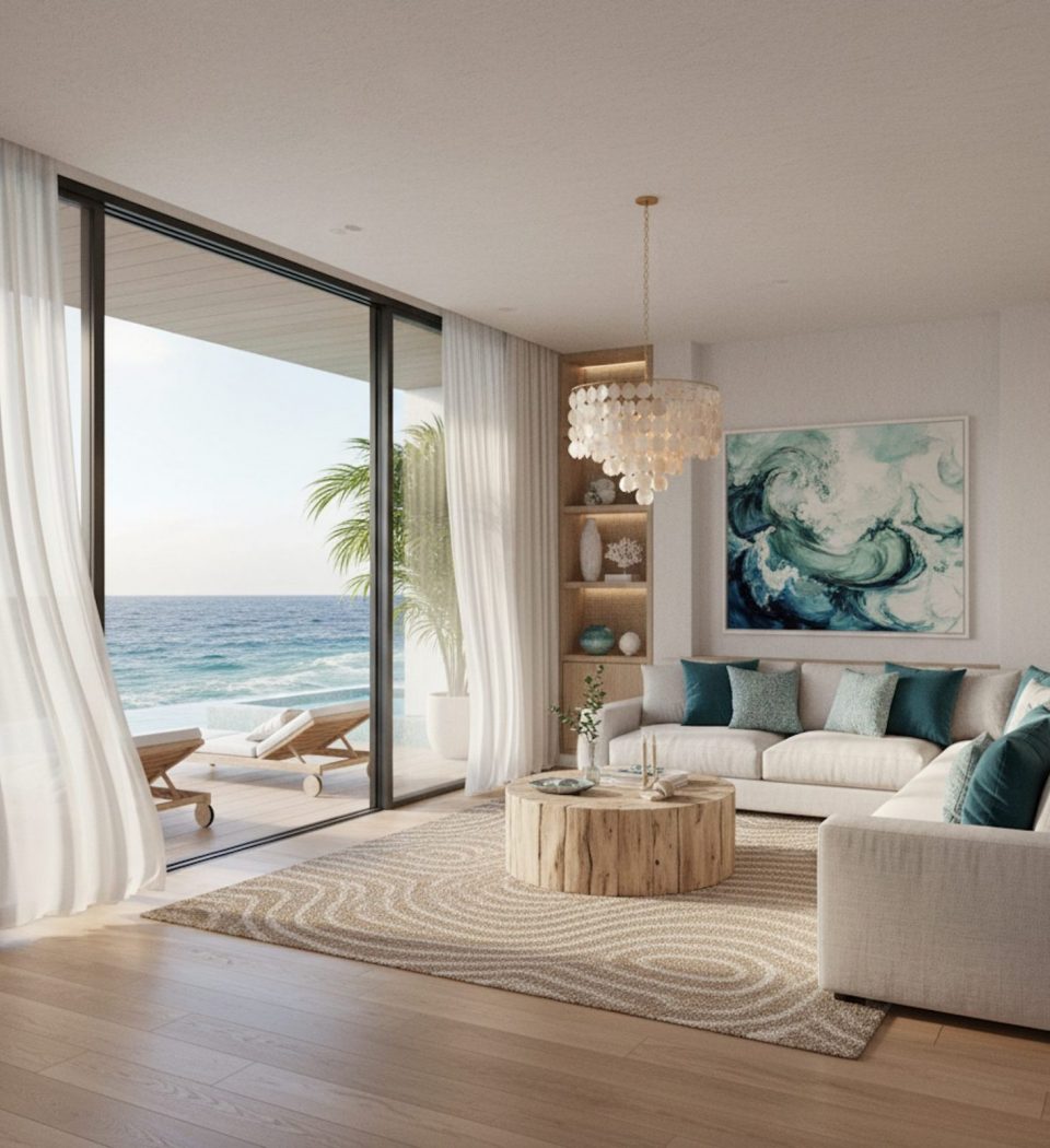 Aménagement intérieur inspiré de la mer avec matériaux bleus et motifs coquillages