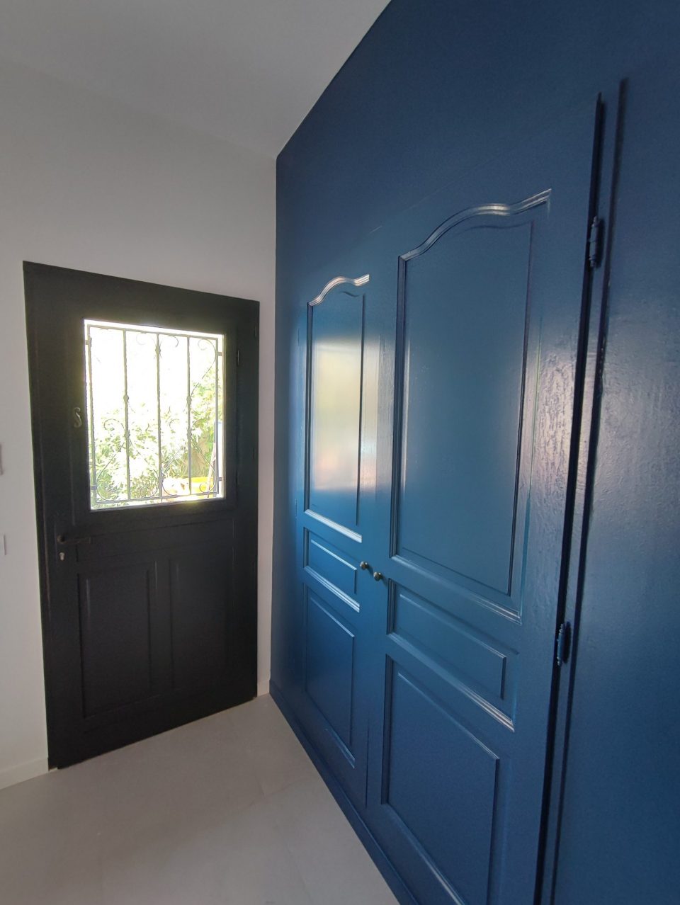 Espace d’entrée avec porte noire vitrée et placards bleu profond — exemple d’association de couleurs contemporaines pour une entrée fonctionnelle.