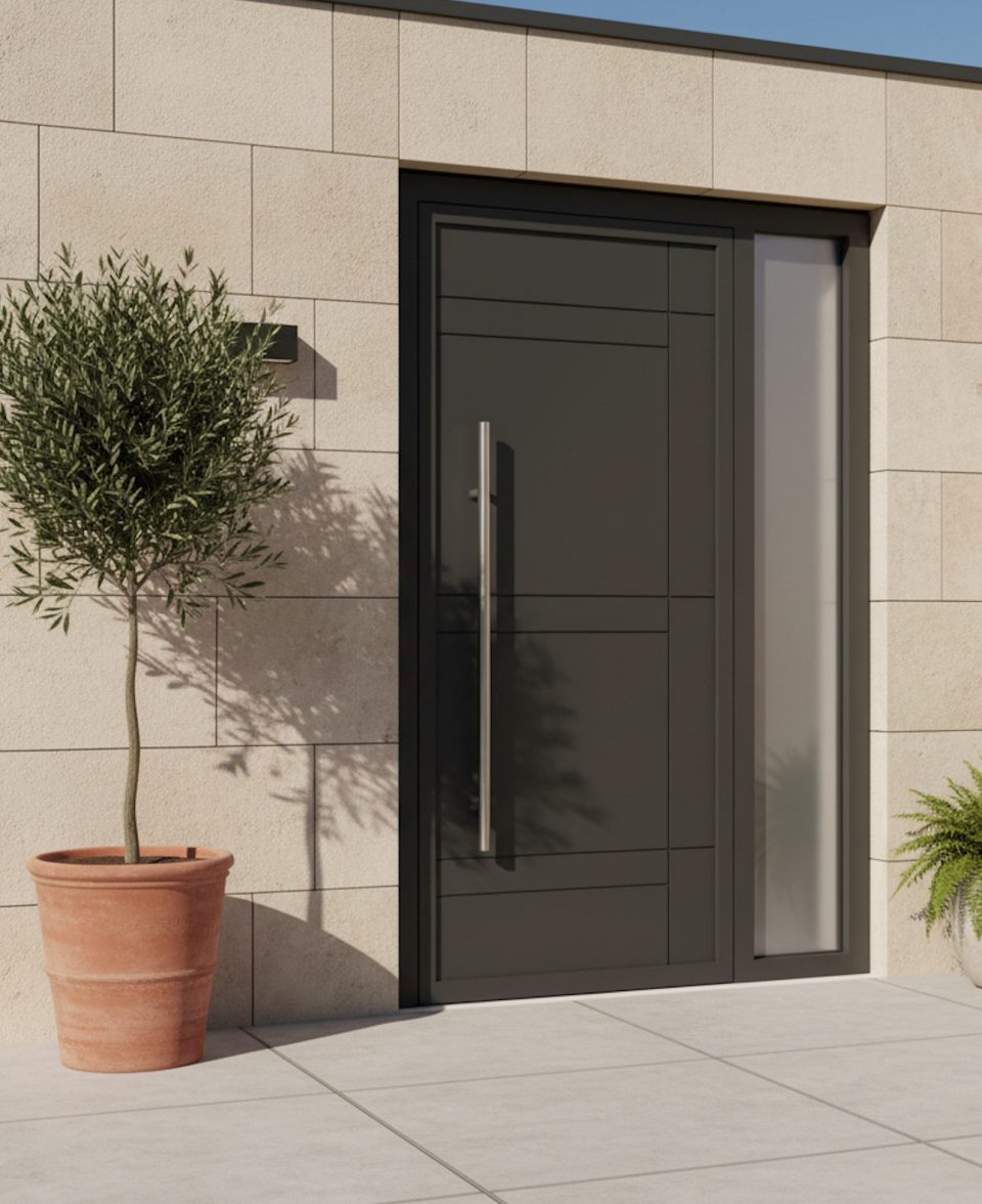 Porte d’entrée moderne noire avec grande poignée verticale et vitrage latéral, intégrée dans une façade en pierre claire — exemple d’entrée contemporaine épurée.