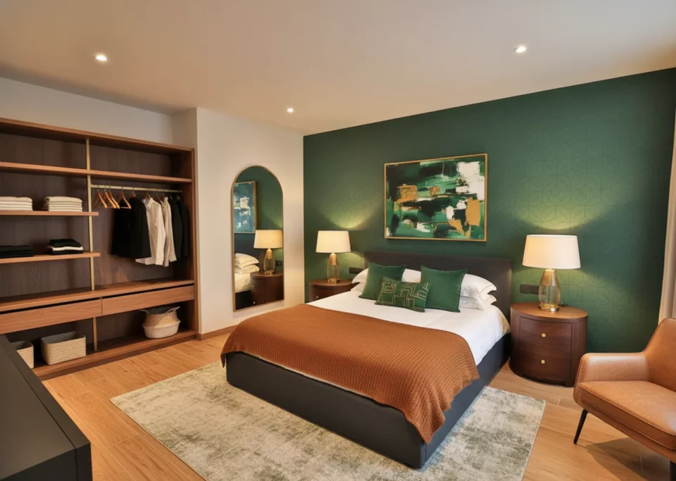 Suite parentale contemporaine verte avec placard ouvert et décoration élégante