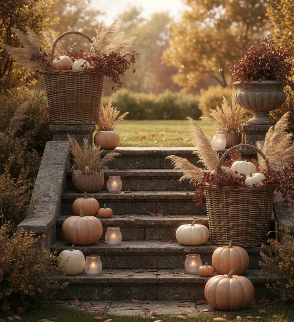 Balcon terrasse d’automne cosy avec lanterne coussins et chrysanthèmes