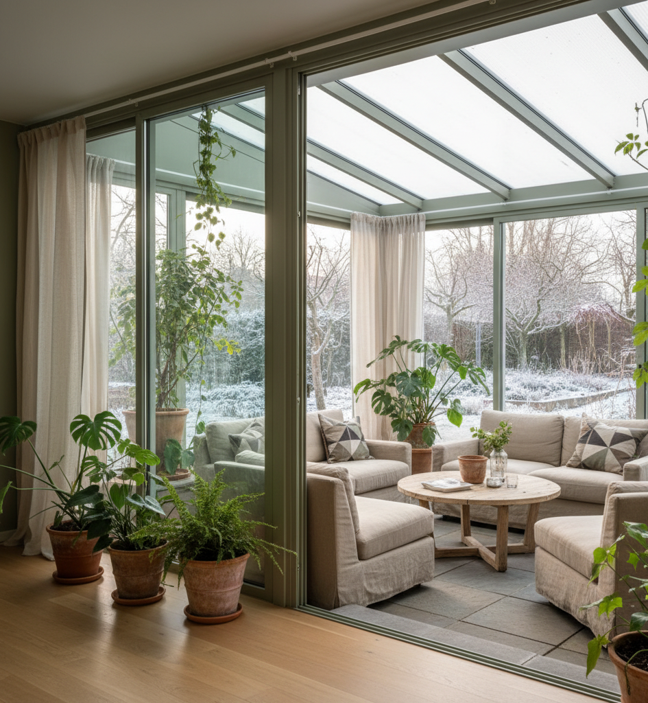 Contemporary veranda connecting indoor and outdoor spaces with aluminum framing and natural light