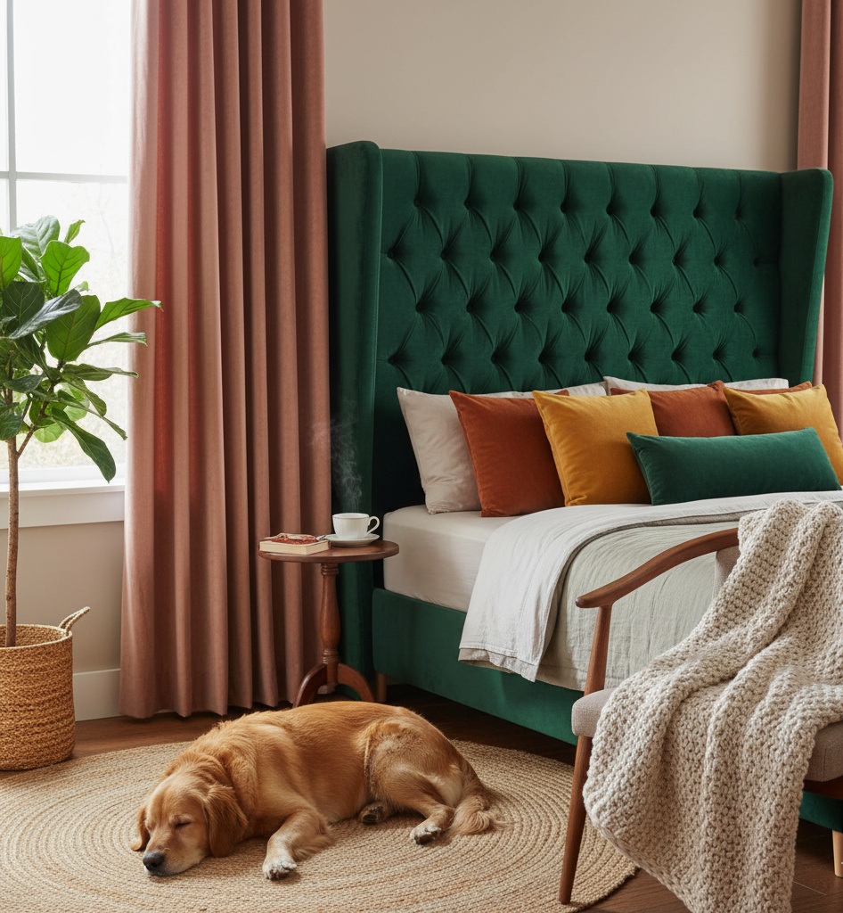 dormitorio con cabecero de terciopelo verde y cojines a juego