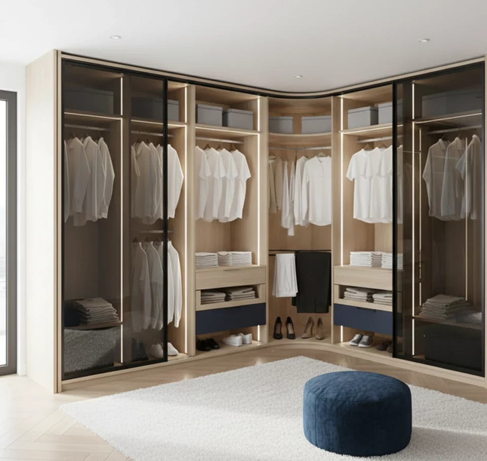 Vestidor de esquina a medida con regletas de ajuste y tiras LED integradas