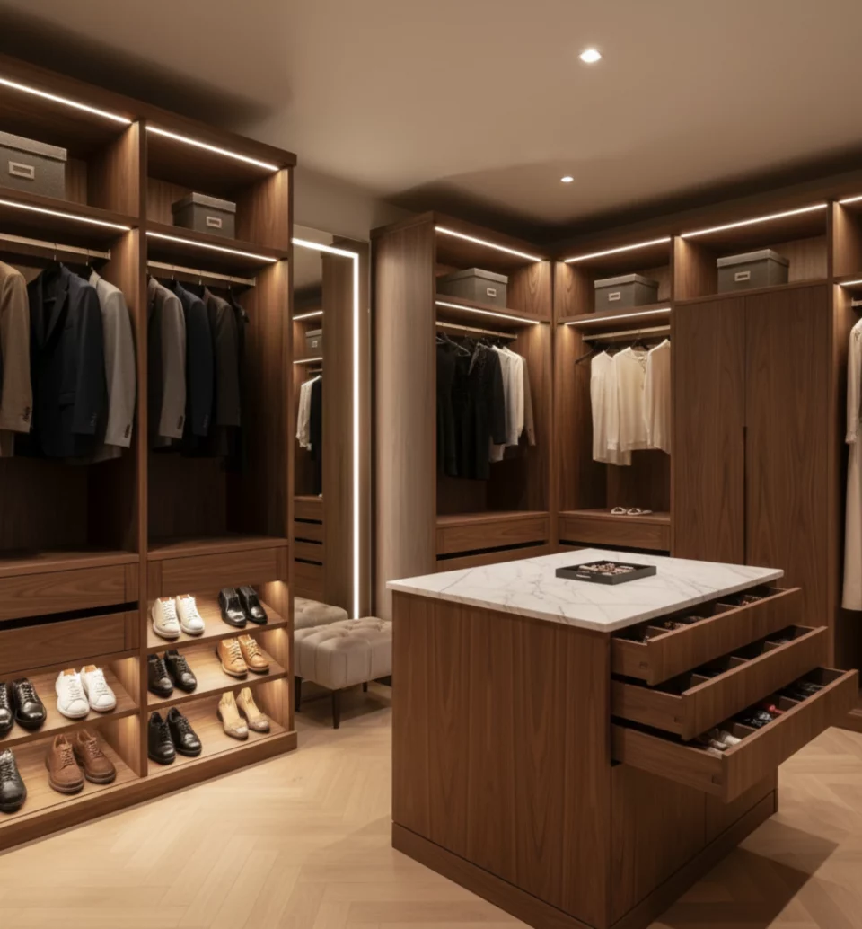 Mueble de vestidor de gama alta con isla central de madera y almacenaje optimizado