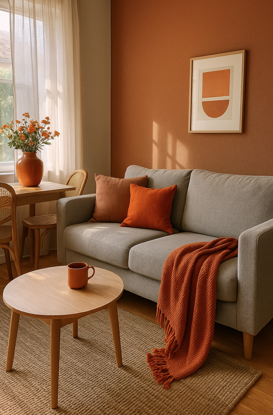 Décoration intérieure en orange et terracotta dans un salon contemporain
