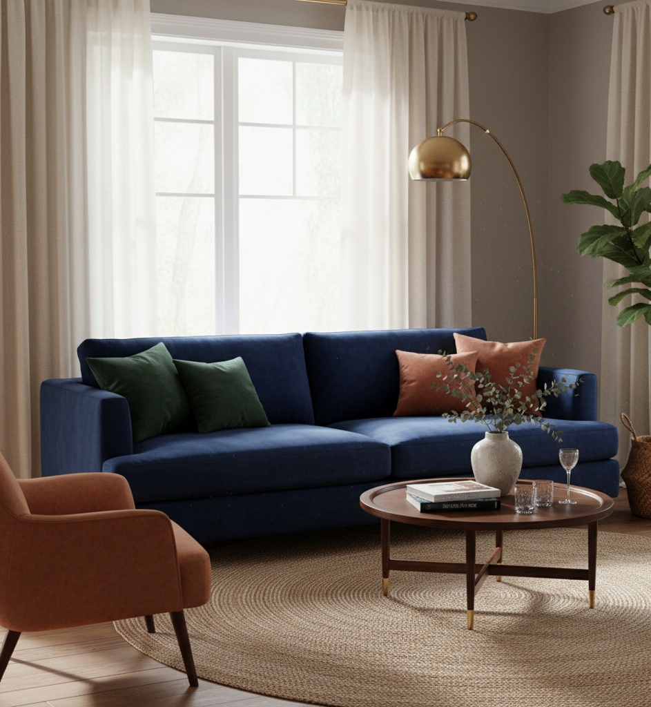 salón contemporáneo con sofá de terciopelo azul y sillón terracota