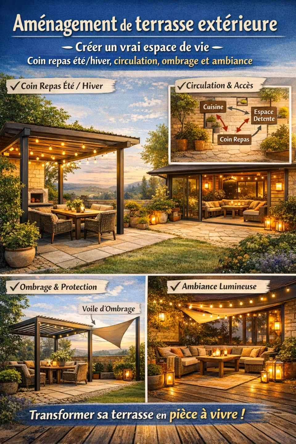 Aménagement de terrasse extérieure : plan, circulation et zoning pour créer un espace de vie