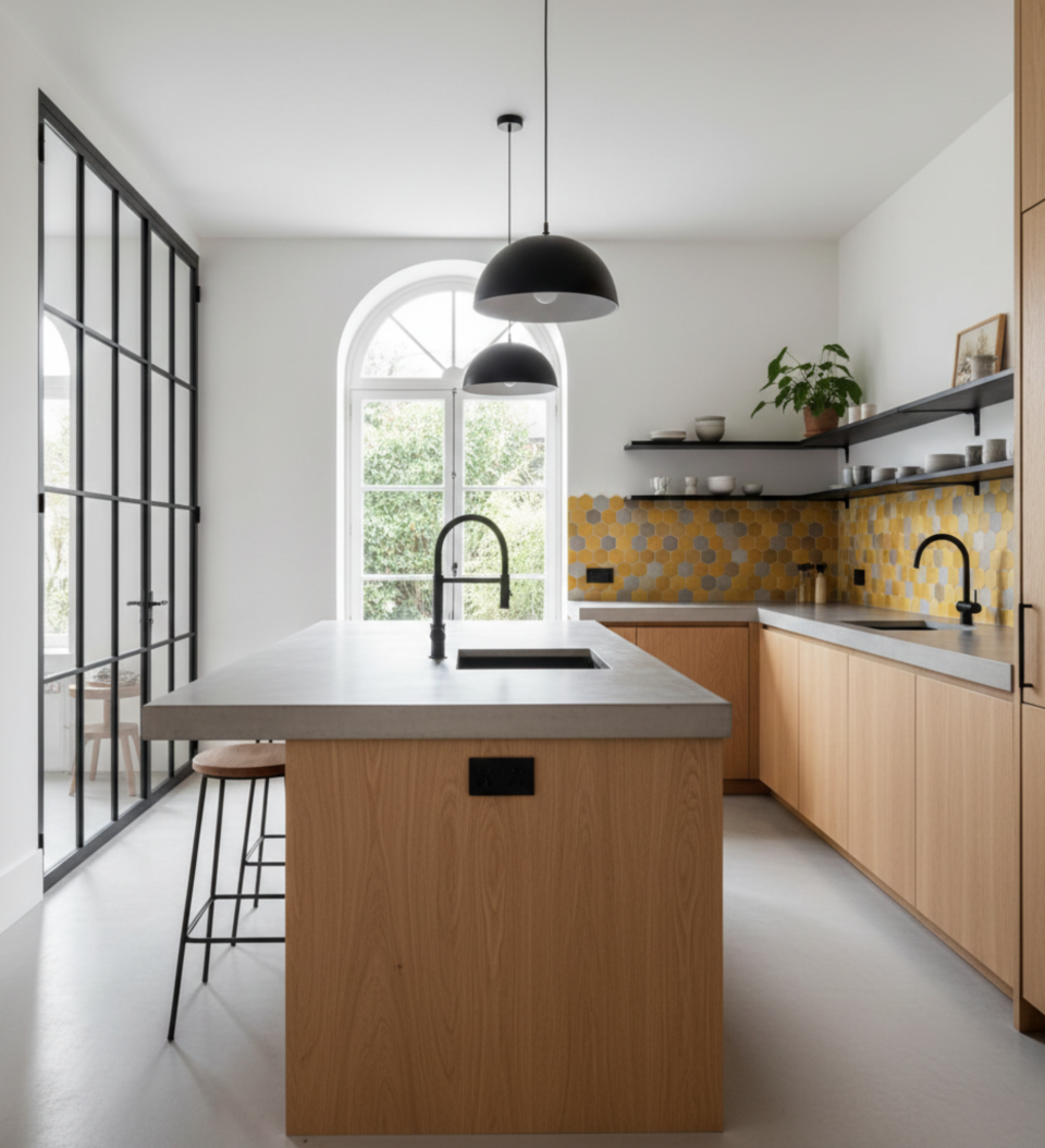 Cuisine avec îlot bois sur mesure : design, volumes et rangements