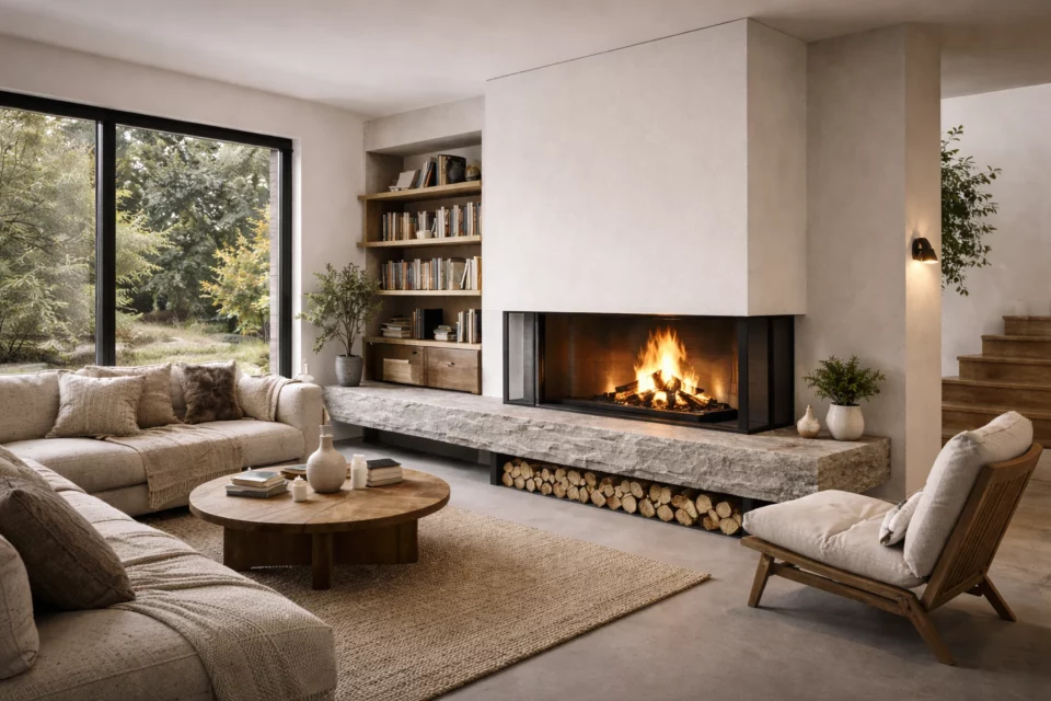 Salon cosy avec cheminée contemporaine : insert, bois et pierre, ambiance chaleureuse