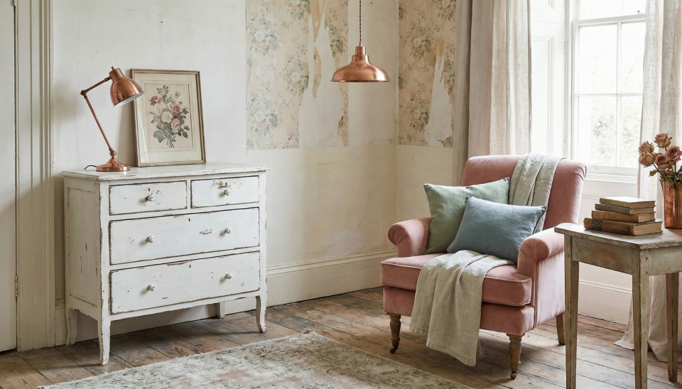 salon shabby chic fauteuil rose poudre coussins vert sauge cuivre