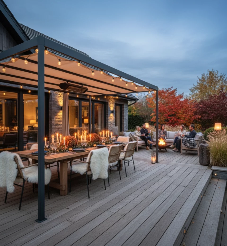 Terrasse coin repas extérieur avec pergola : ambiance, éclairage doux et espace convivial