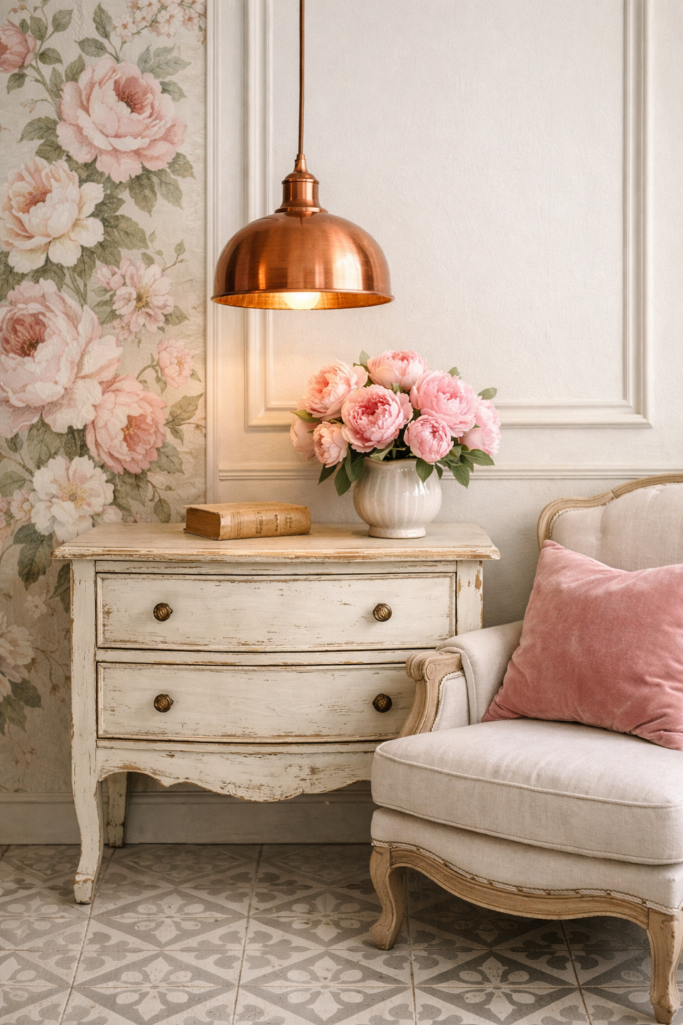 visuel shabby chic coin lumineux rose poudre cuivre