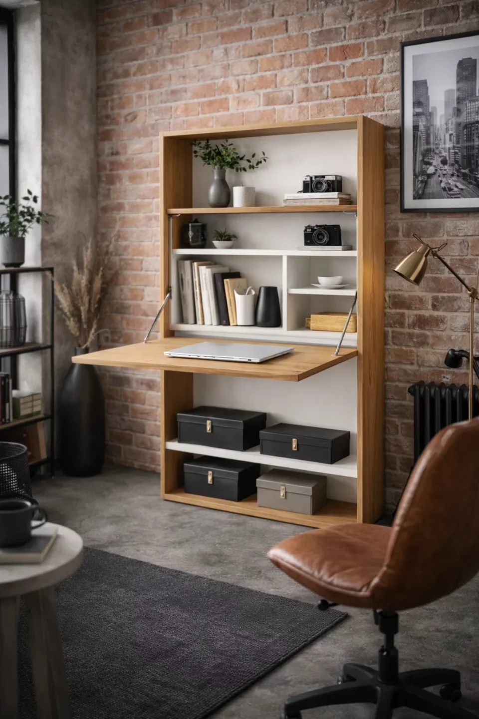 bureau mural abattant rangement bois mur brique (1)