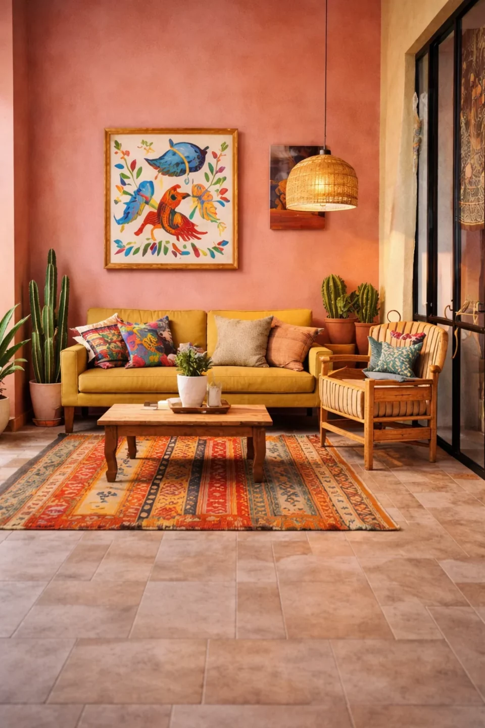 salon inspiration mexicaine mur terracotta canape jaune (1) salon inspiration mexicaine mur terracotta canape jaune (1)
