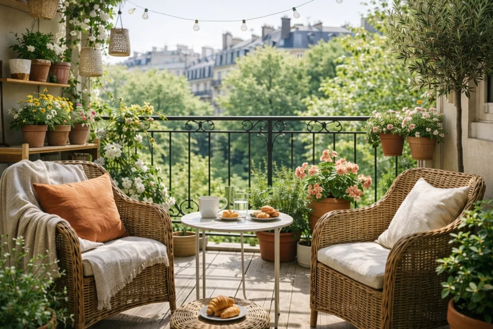 balcon amenage rotin plantes pots