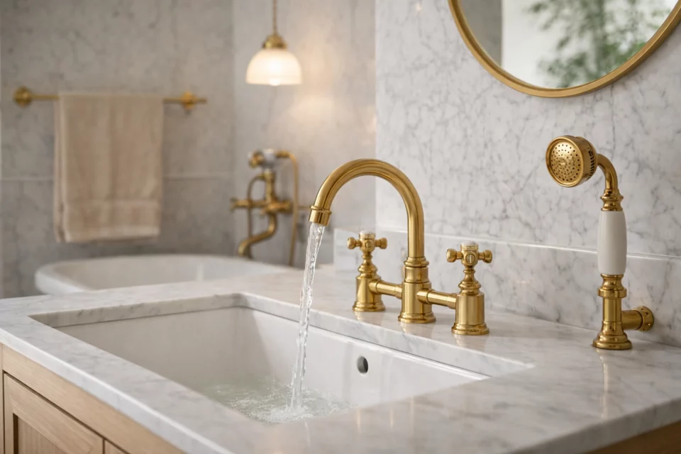 salle de bain laiton marbre robinet douchette