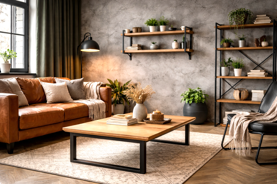 Salon industriel moderne et chaleureux, décoration intérieure style loft contemporain