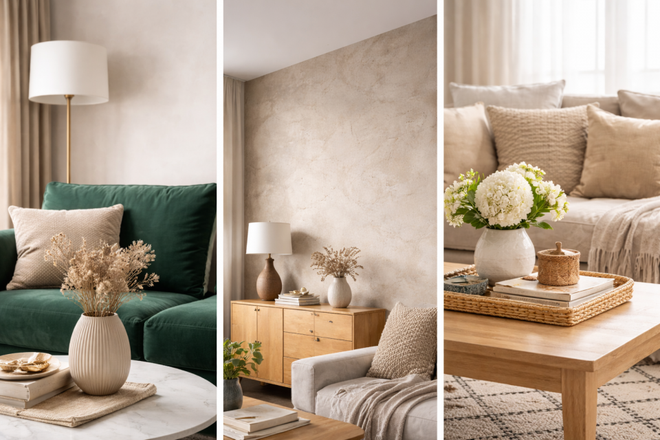 Matières et finitions couleurs salon, bois clair et velours vert, association couleurs décoration intérieure