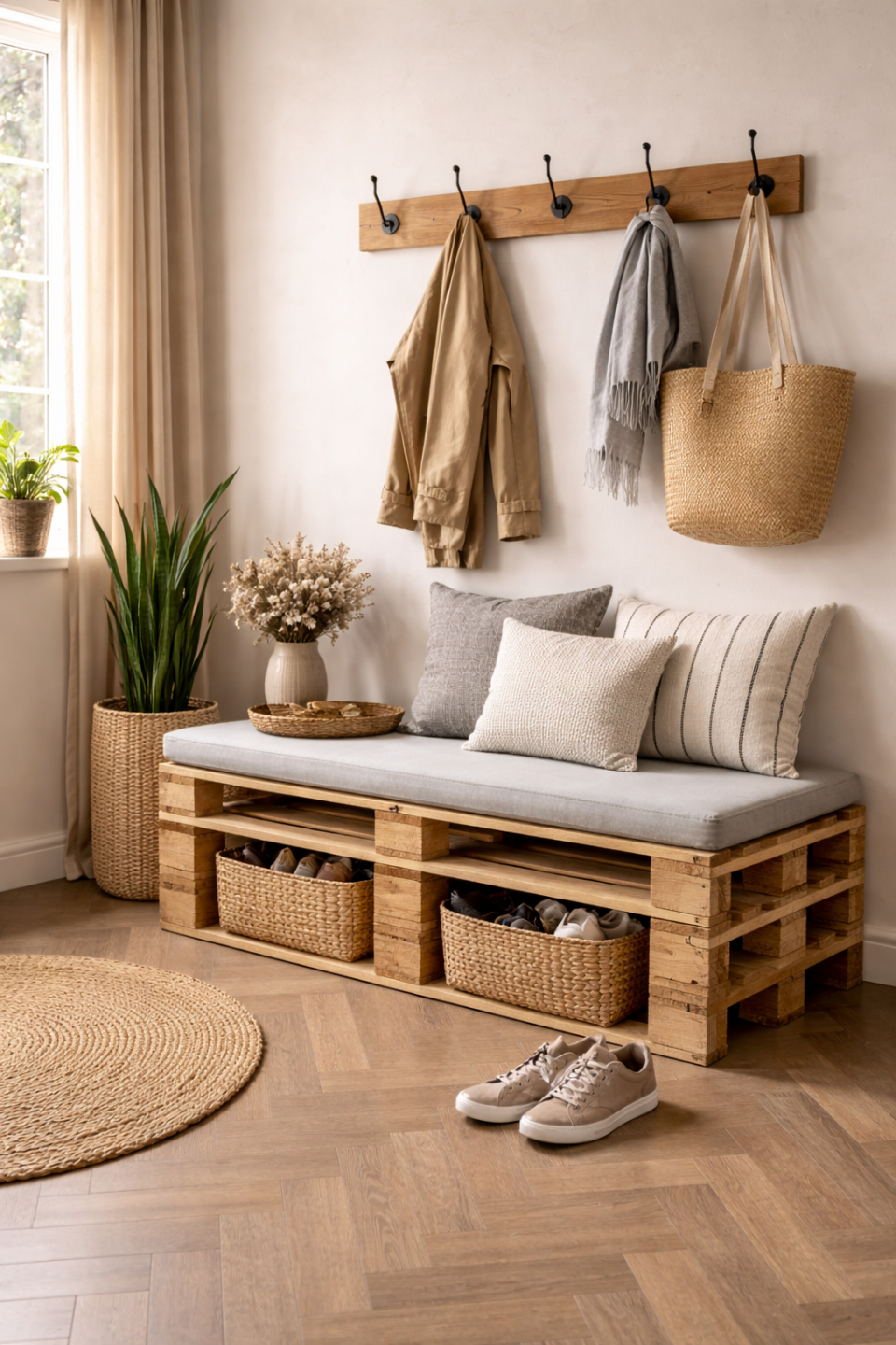 Entrée lumineuse et accueillante avec banc décoratif