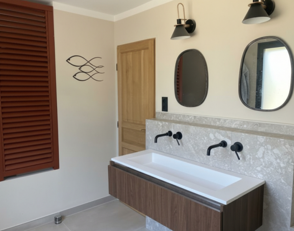 Vasque salle de bain avec plan de travail bois sur mesure et robinet encastré mural