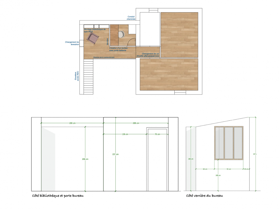 Plan d'implantation 3D bureau sur mesure chambre parentale, coupe et élévation avec dimensions