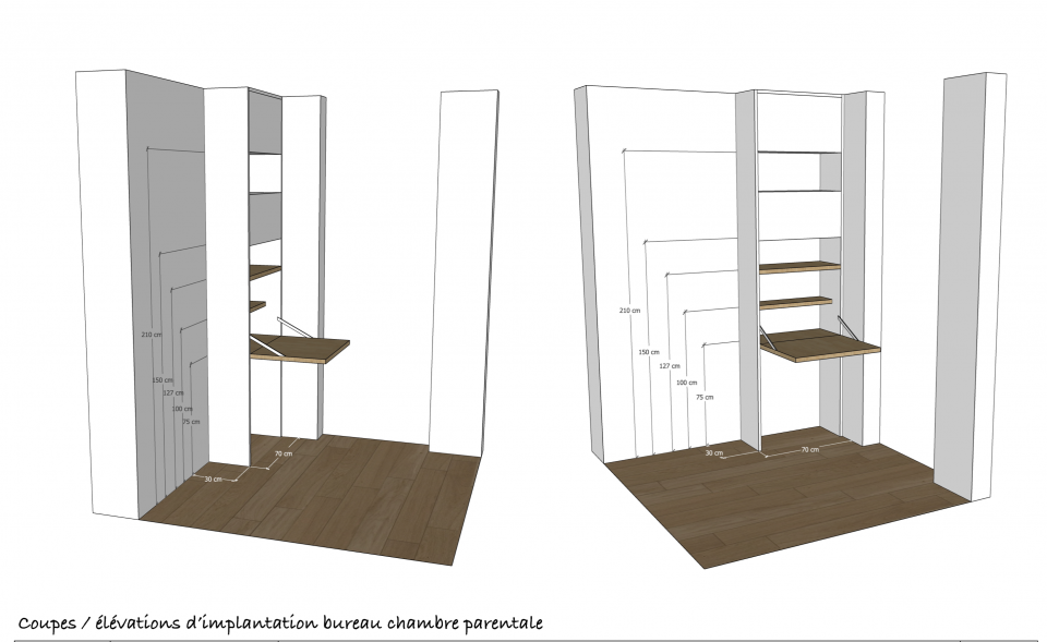 Bureau sur mesure escamotable intégré dans un meuble de chambre parentale avec rangements