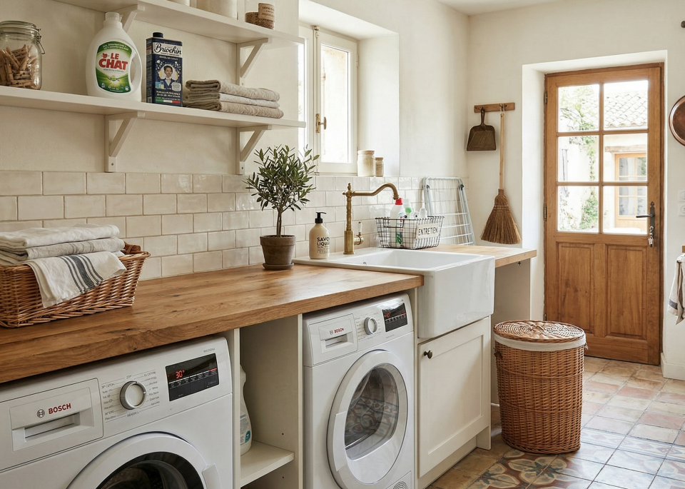 Buanderie traditionnelle avec arrière-cuisine, rangements linge et plan de travail