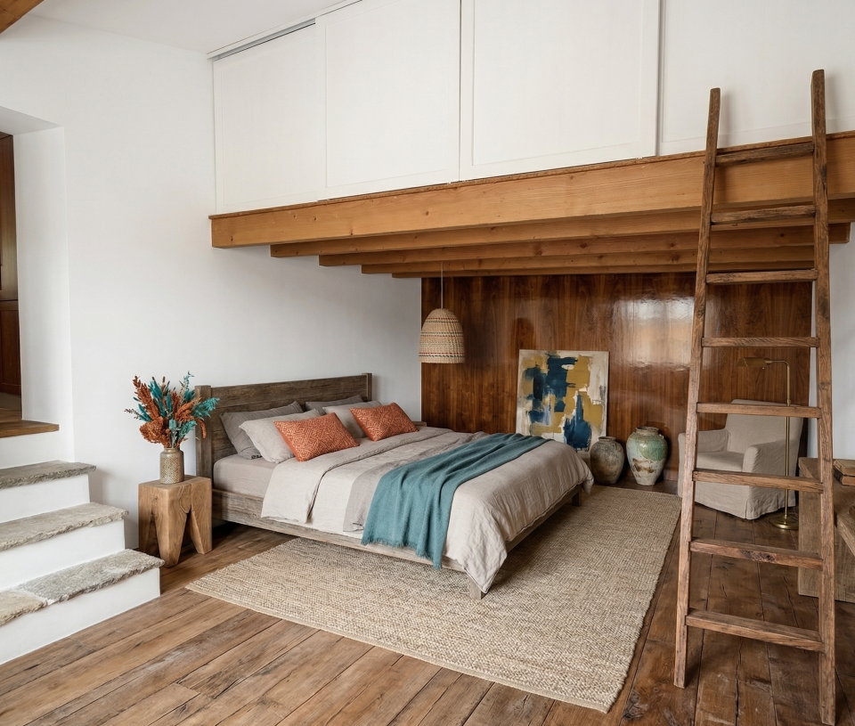 Intérieur wabi sabi avec mobilier patiné, matières naturelles et palette de couleurs neutres