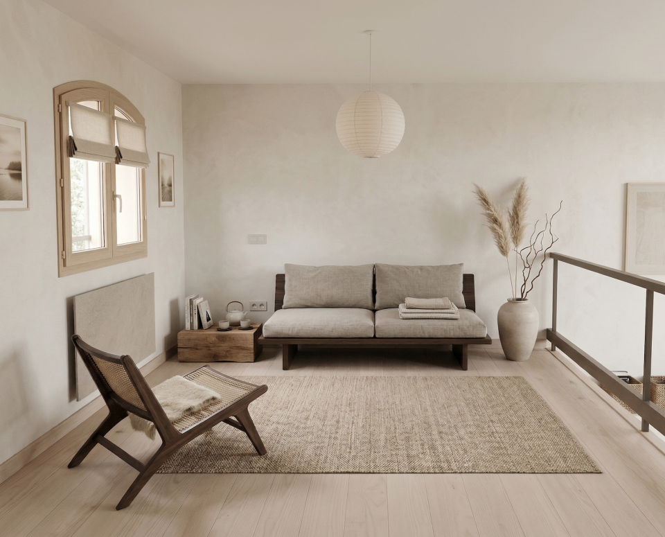 Petit salon japandi avec mobilier bois clair et palette de couleurs neutres, aménagement minimaliste