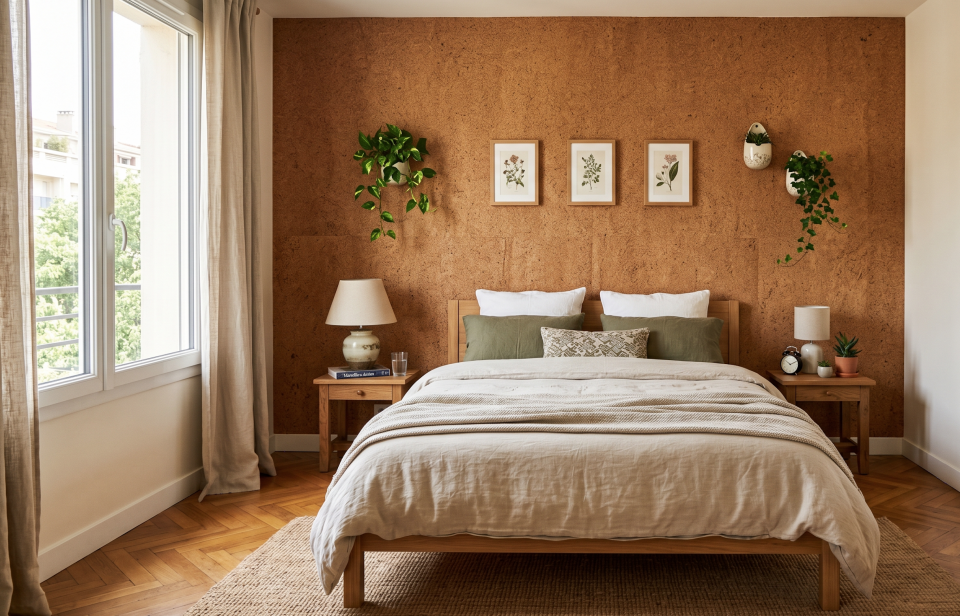 Liège mural décoration intérieure, dalle et plaque de liège naturel posées en revêtement mural