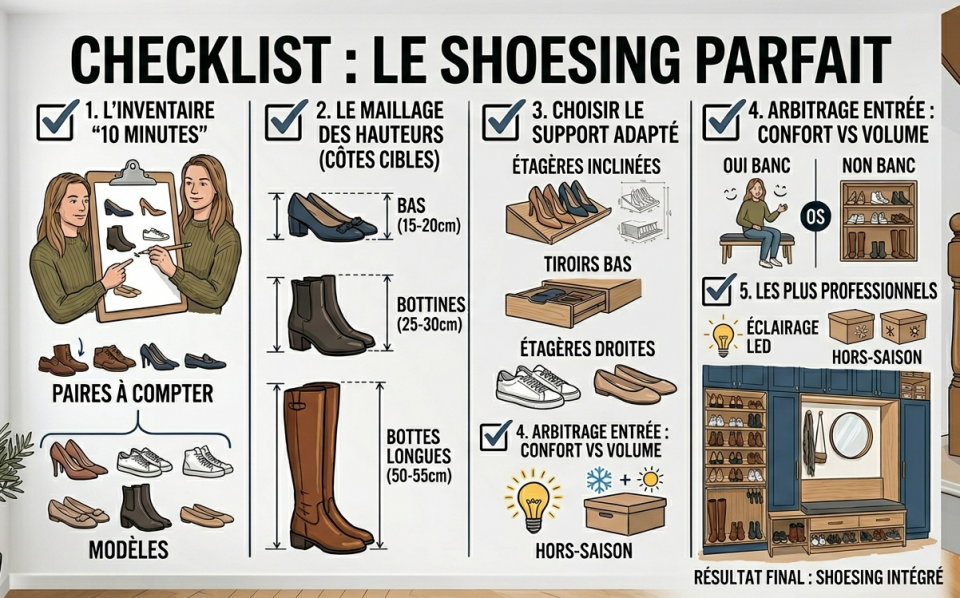 Checklist shoesing parfait : critères de conception rangement chaussures sur mesure entrée dressing