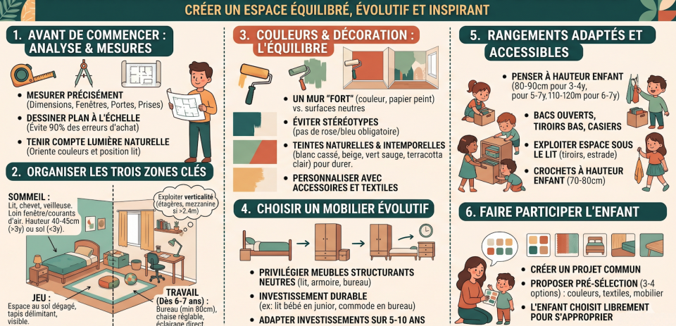 Guide détaillé et récapitulatif aménagement chambre enfant : zones, couleurs, mobilier et rangements
